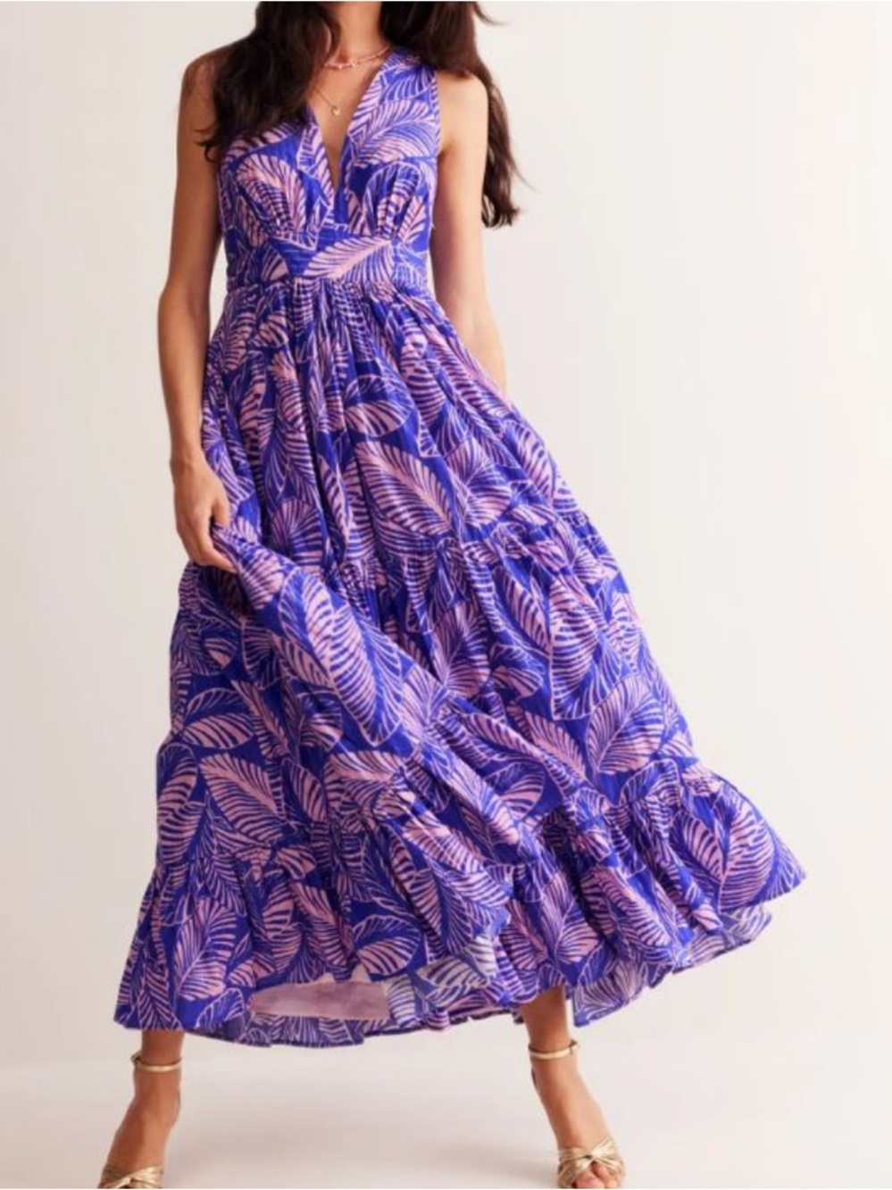 NWOT Boden Purple and Pink Leaf-Print Cotton Maxi Dress
